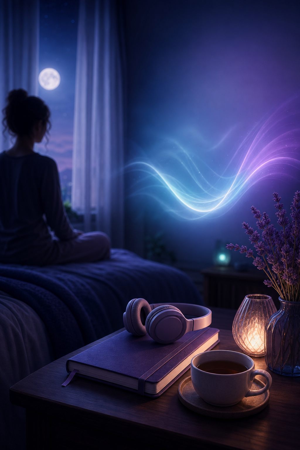 Cena noturna calma com diário, fones e luz suave para representar um ritual antes de dormir